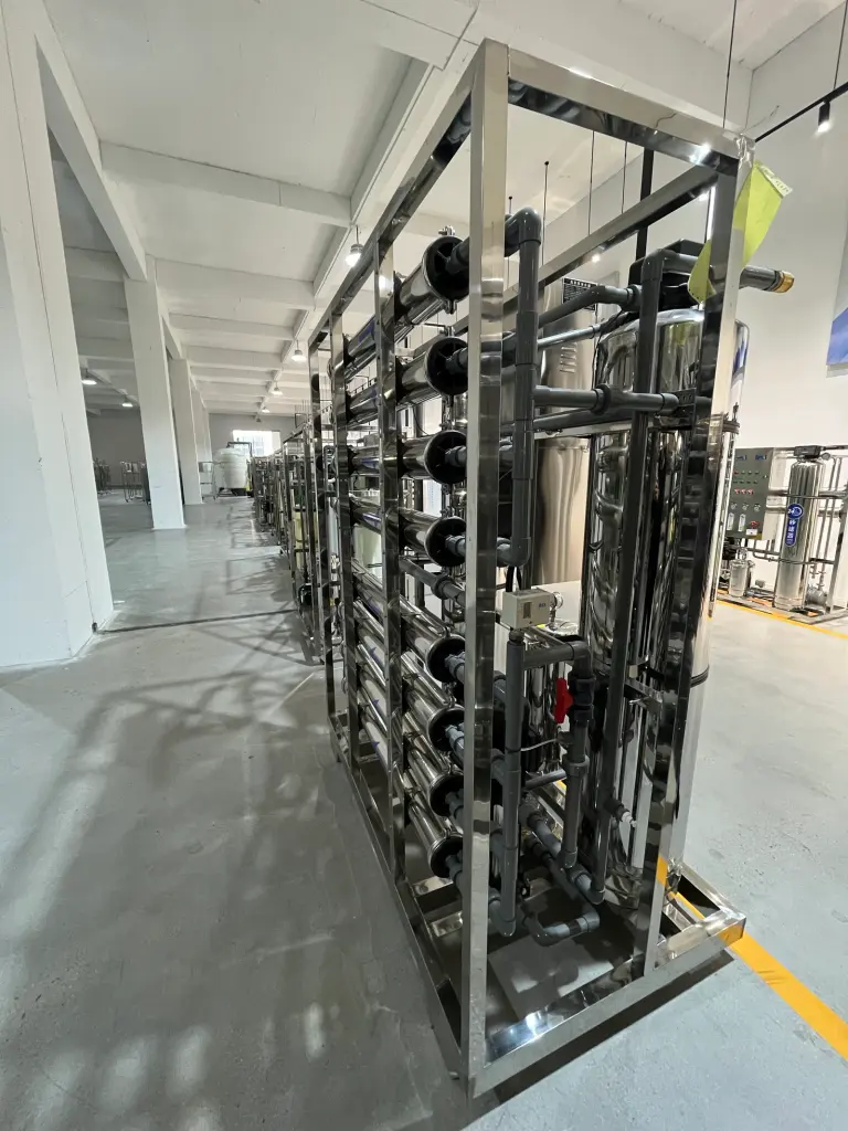 Rows of packaged reverse osmosis units assembled in the production workshop