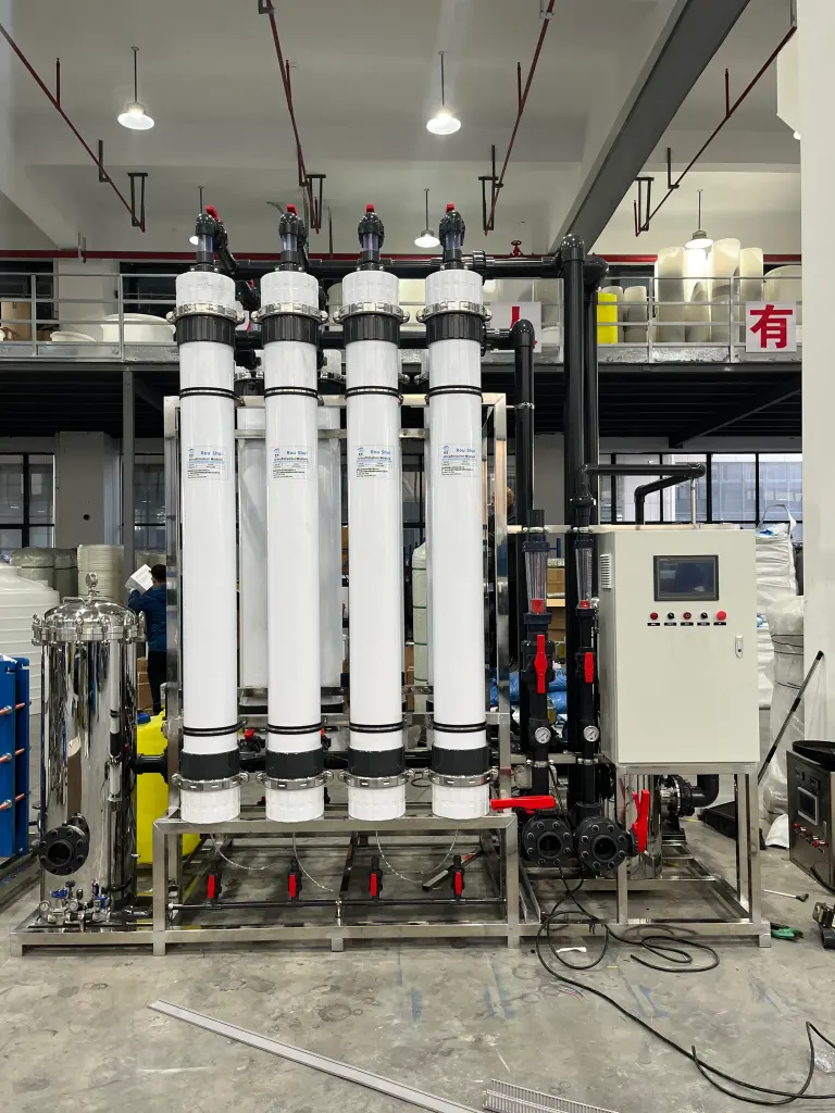 Ultrafiltration membrane modules and control cabinet installed as part of a multi-stage treatment train